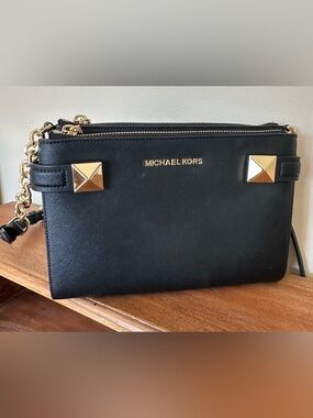 Michael Kors Black Crossbody Purse with Gold Pyramid Studs Adjustable Strap